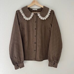 Neuflora 100% Cotton Camila Brown Plaid Blouse with Lace Collar